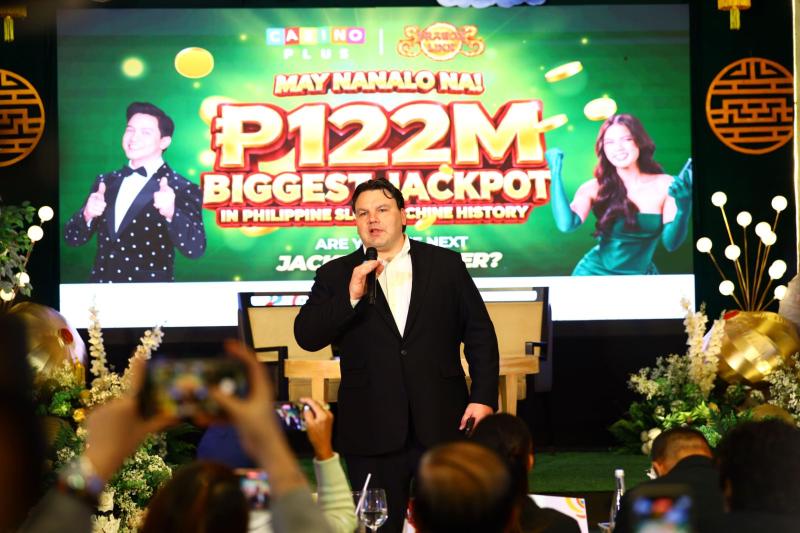 Casino Plus CEO Evan Spytma speaks before members of the media during the ceremonial jackpot turnover on Sept. 9, 2026. 